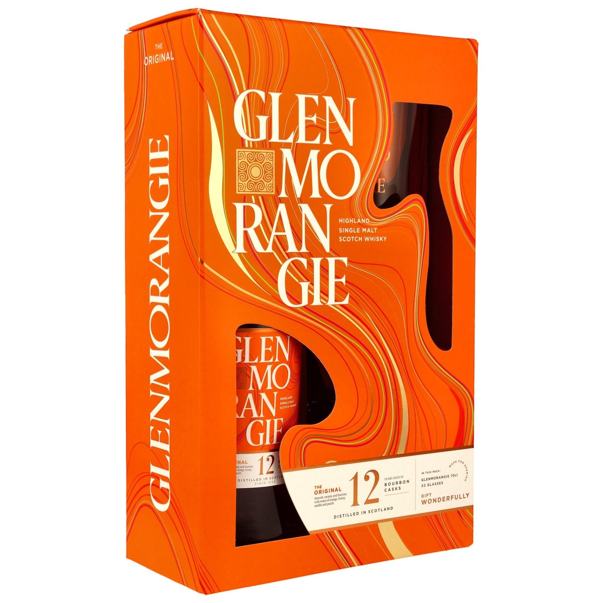 Schwarzbach Spirits: Glenmorangie 12 Jahre The Original Geschenkset, Single Malt Scotch Whisky, 40% Vol., 0.7L, goldfarben, mit 2 Gläsern