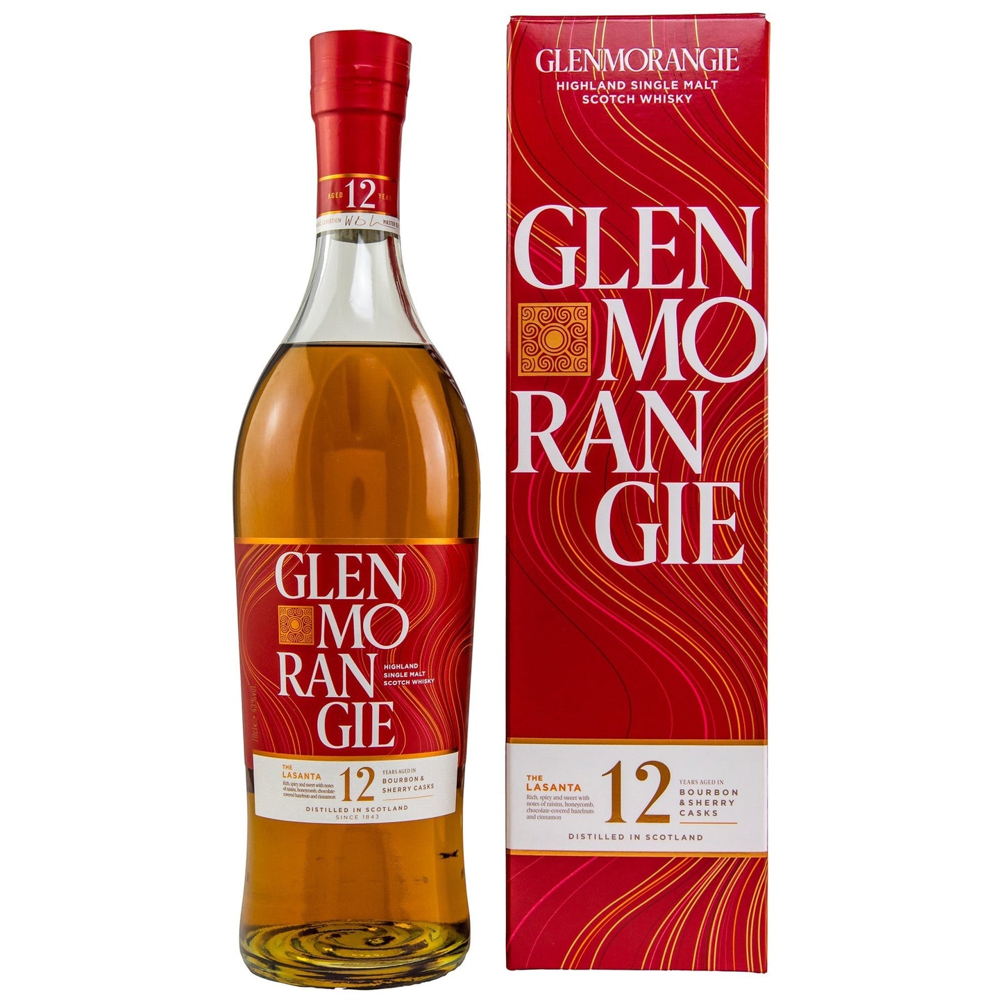 Schwarzbach Spirits Glenmorangie 12 Jahre Lasanta Single Malt Scotch Whisky in Glasflasche mit roter Geschenkverpackung, 43% Vol.
