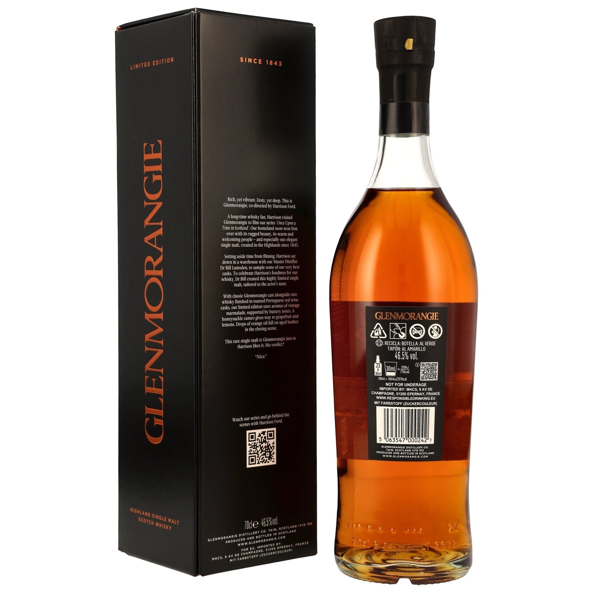 Schwarzbach Spirits: Glenmorangie Harrison Ford Limited Edition Single Malt Scotch Whisky, 46,5% Vol., 70cl, bernsteinfarben, in Geschenkverpackung.