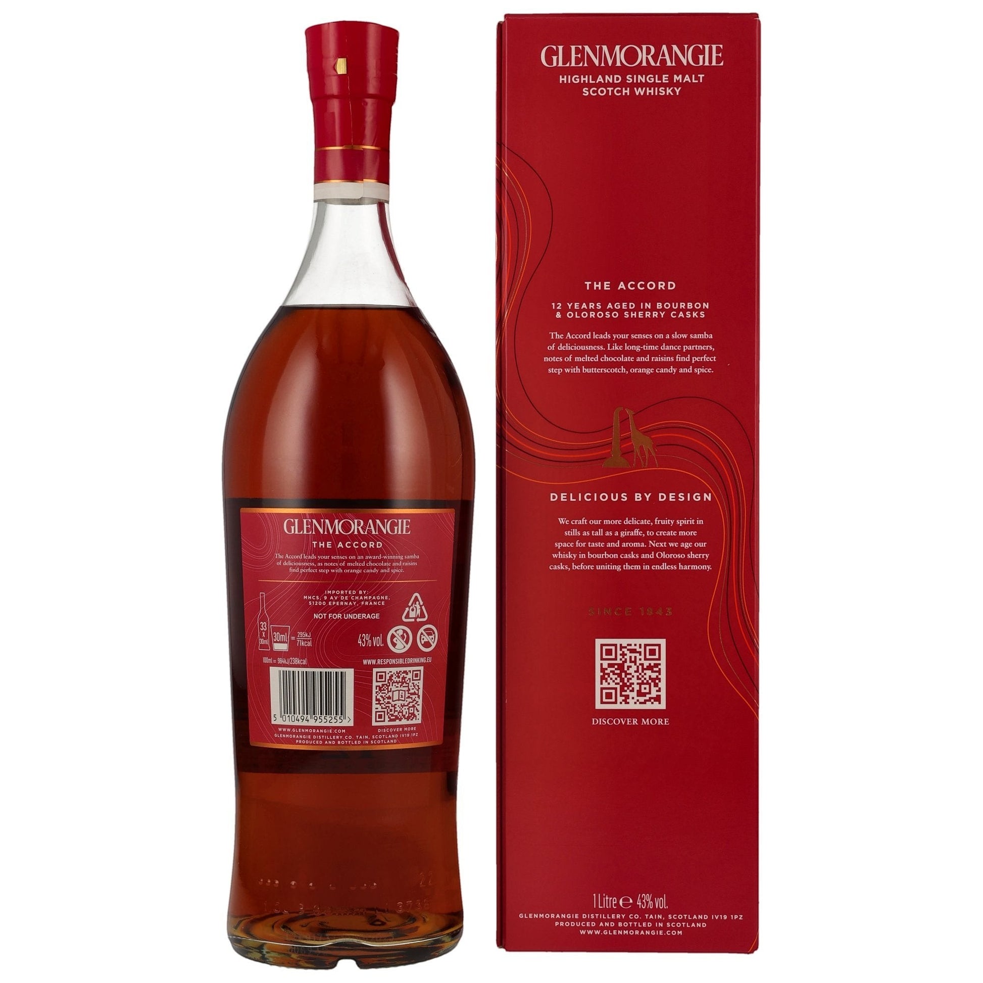 Schwarzbach Spirits: Glenmorangie The Accord 12 Jahre Single Malt Scotch Whisky in 1L Flasche, 43% Vol., gereift in Bourbon- und Oloroso Sherry Fässern.