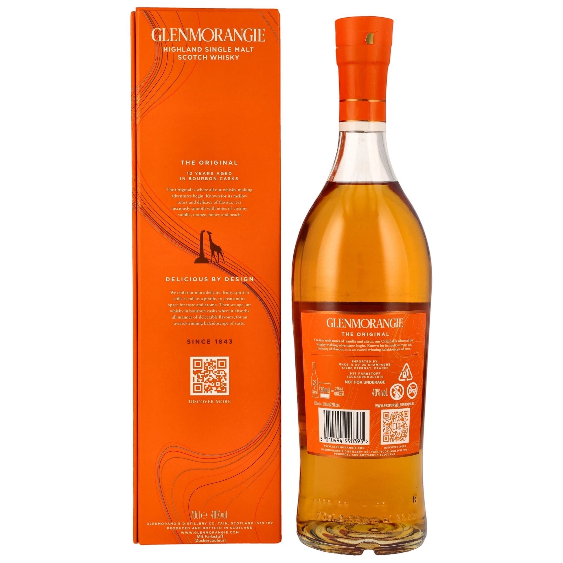 Schwarzbach Spirits: Glenmorangie The Original 12 Jahre Single Malt Scotch Whisky, 40% Vol., 700ml, goldfarben, in Eichenfässern gereift.