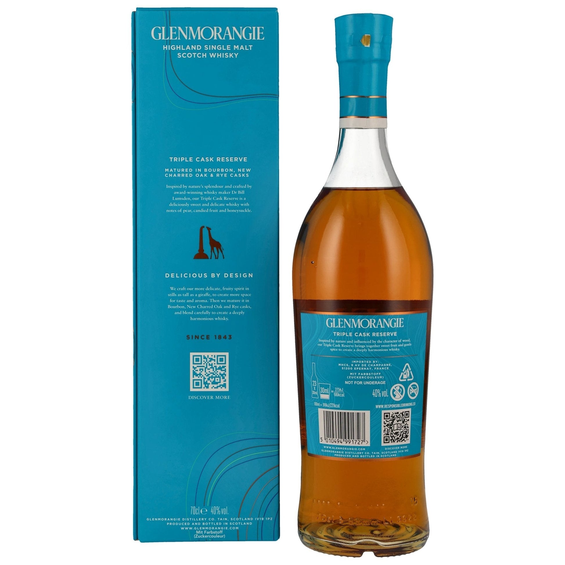 Schwarzbach Spirits GLENMORANGIE Triple Cask Reserve Single Malt Scotch Whisky, 40% Vol., 70cl. Bernsteinfarbener Whisky in einer Glasflasche mit türkisfarbenem Etikett und Verschluss.