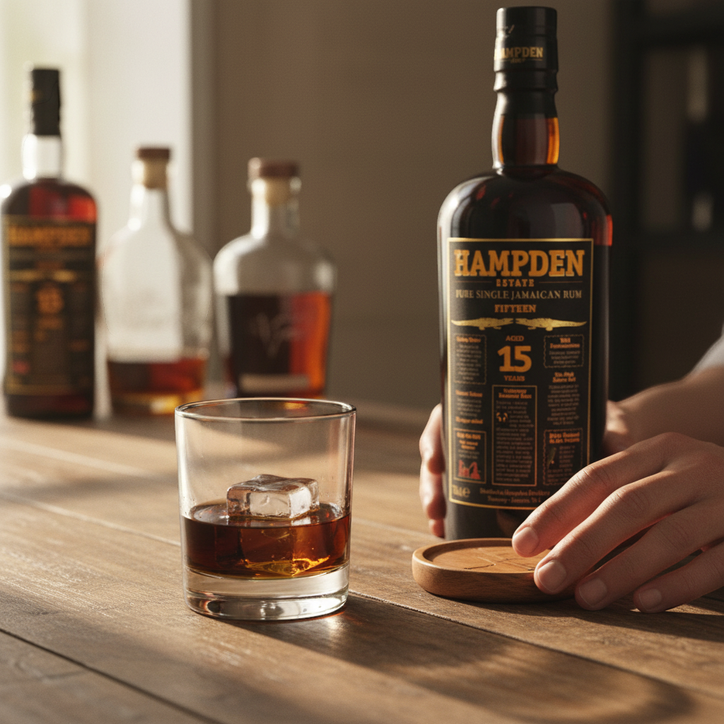 Schwarzbach Spirits Hampden Estate 15 Years Old Pure Single Jamaican Rum, 50% Vol. in a dark bottle with a black and gold box.