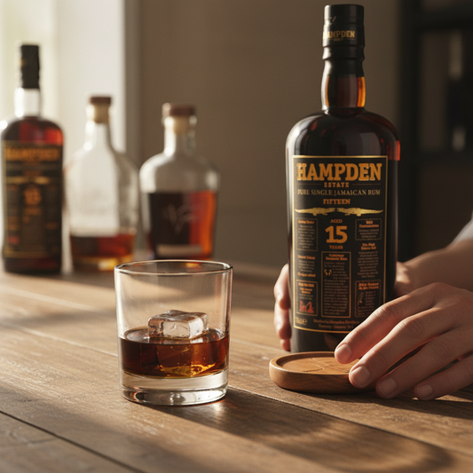 Schwarzbach Spirits Hampden Estate 15 Years Old Pure Single Jamaican Rum, 50% Vol. in a dark bottle with a black and gold box.