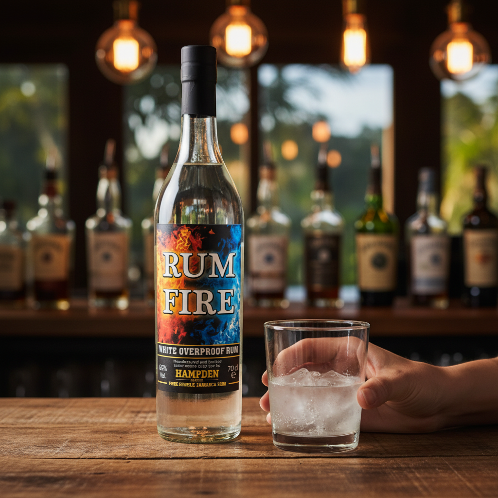 Schwarzbach Spirits Hampden Rum Fire white overproof rum, 63% Vol. Pure Single Jamaica Rum in a clear glass bottle with a black cap.