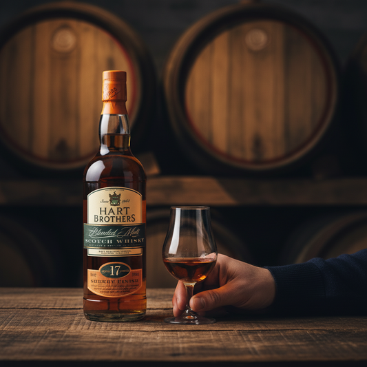 Schwarzbach Spirits Hart Brothers 17 Year Old Blended Malt Scotch Whisky with Sherry Finish, 50% Vol. in a glass bottle and presentation tube.