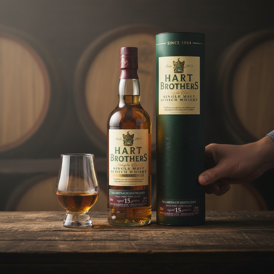 Schwarzbach Spirits Hart Brothers Balmenach 15 Year Old single malt Scotch whisky, 700ml bottle and tube. Aged 15 years, 54.6% vol.