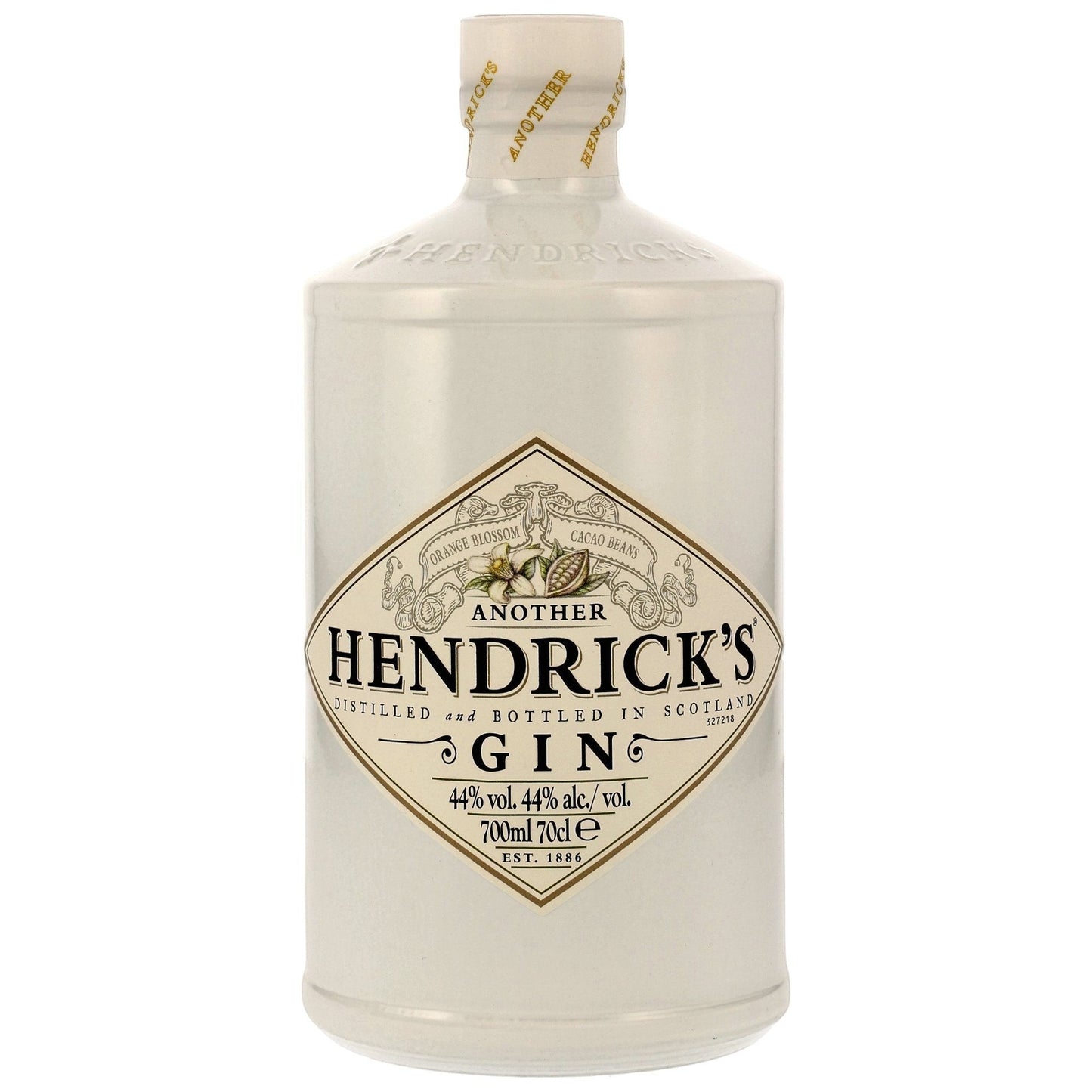 Schwarzbach Spirits: Eine Flasche Another Hendrick's Gin mit 44% Vol. und 700ml. Die Flasche ist weiß und hat ein Etikett mit Kakao und Orangenblüten.