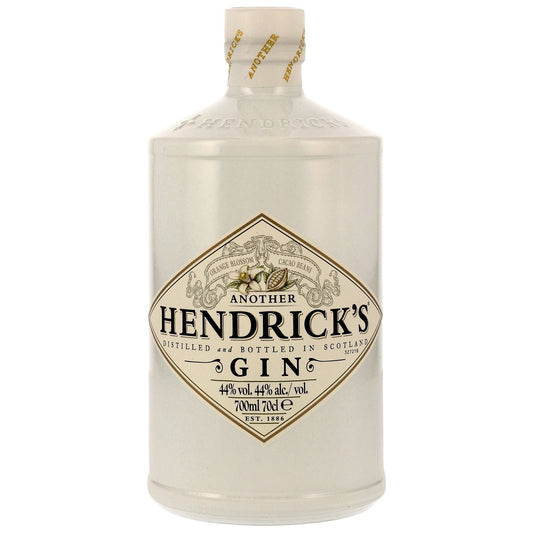Schwarzbach Spirits: Eine Flasche Another Hendrick's Gin mit 44% Vol. und 700ml. Die Flasche ist weiß und hat ein Etikett mit Kakao und Orangenblüten.