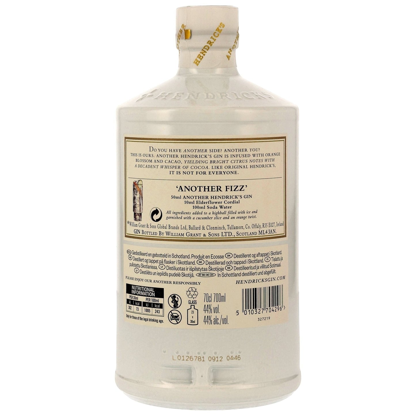 Schwarzbach Spirits: Hendrick's Another Gin 70cl bottle with 44% vol. White bottle with label detailing floral and cocoa notes.