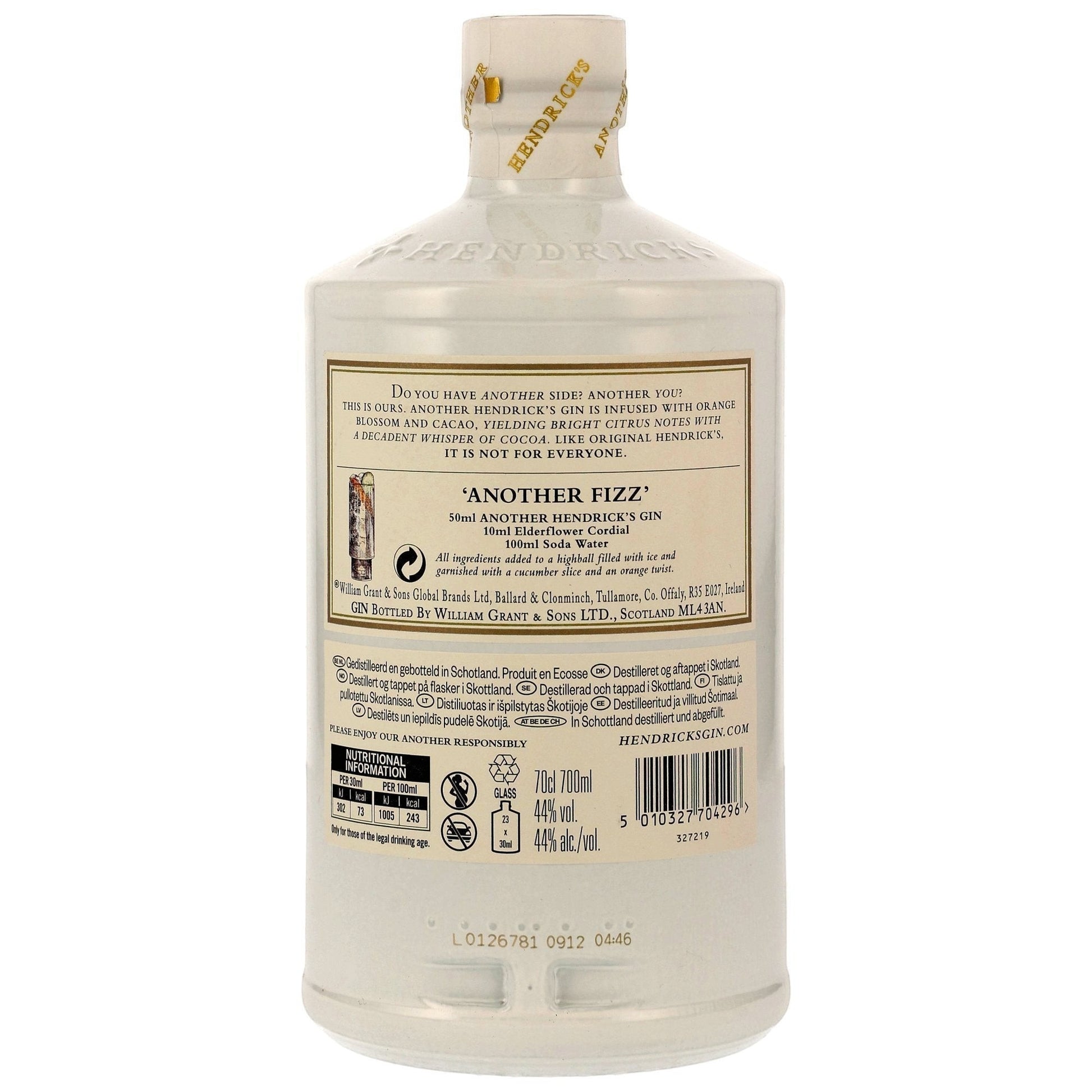 Schwarzbach Spirits: Hendrick's Another Gin 70cl bottle with 44% vol. White bottle with label detailing floral and cocoa notes.
