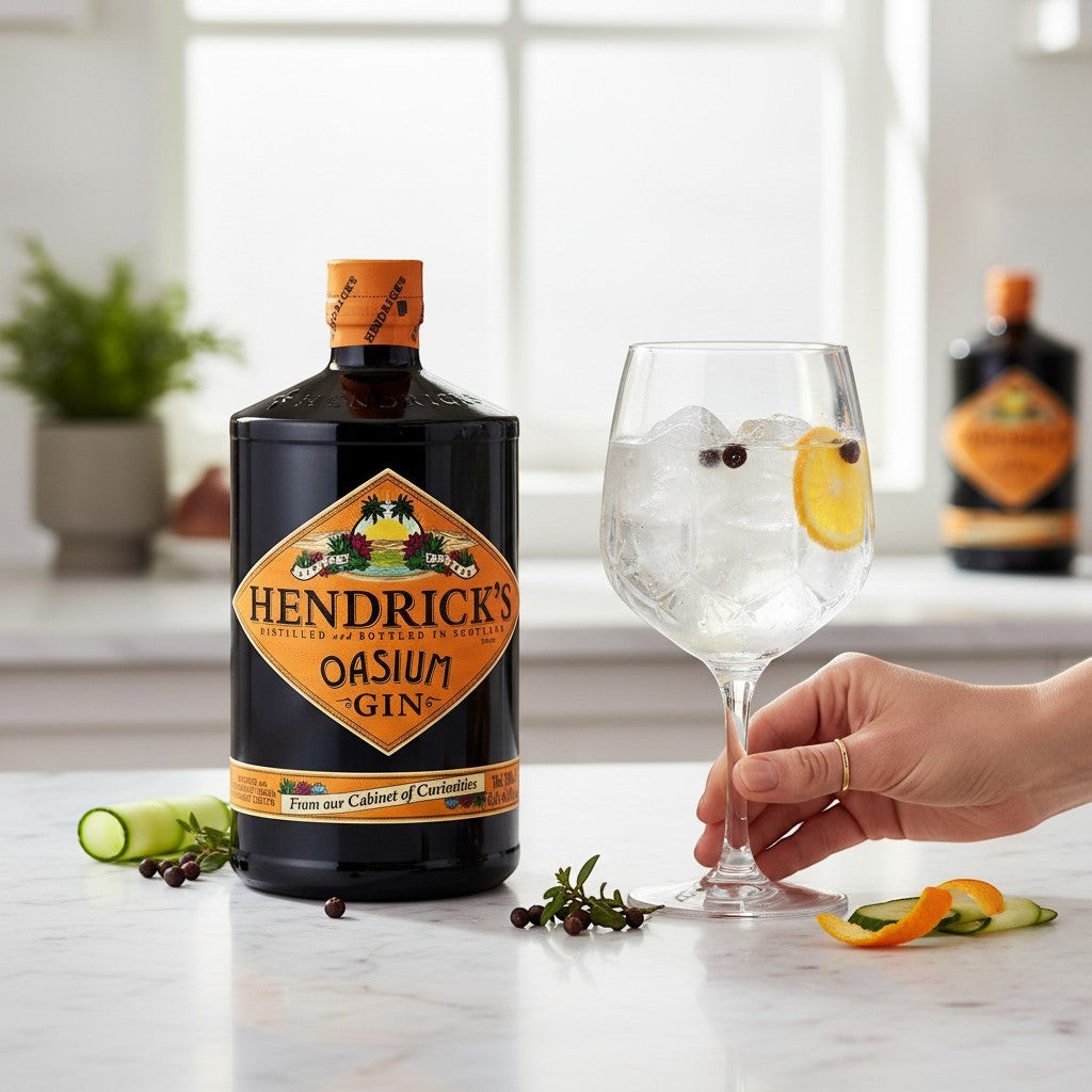 Schwarzbach Spirits: Hendrick's Oasium Gin Flasche neben einem mit Eis, Zitrone und Wacholderbeeren gefüllten Glas. Gurkenscheiben und Kräuter liegen auf dem Tisch.