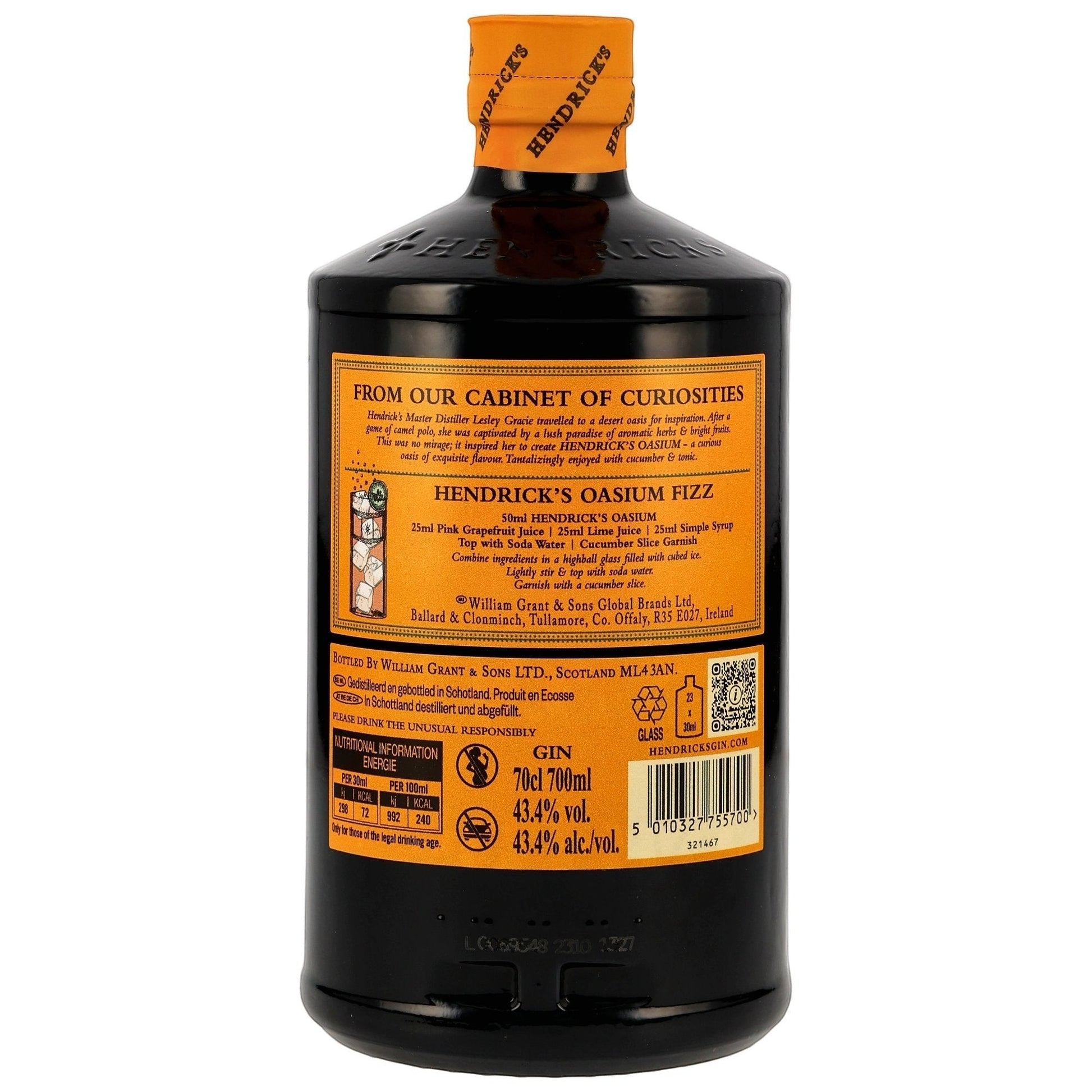 Schwarzbach Spirits: Hendrick's Oasium Gin 70cl Flasche mit 43,4% Vol. Limited Edition mit floralen und fruchtigen Noten.