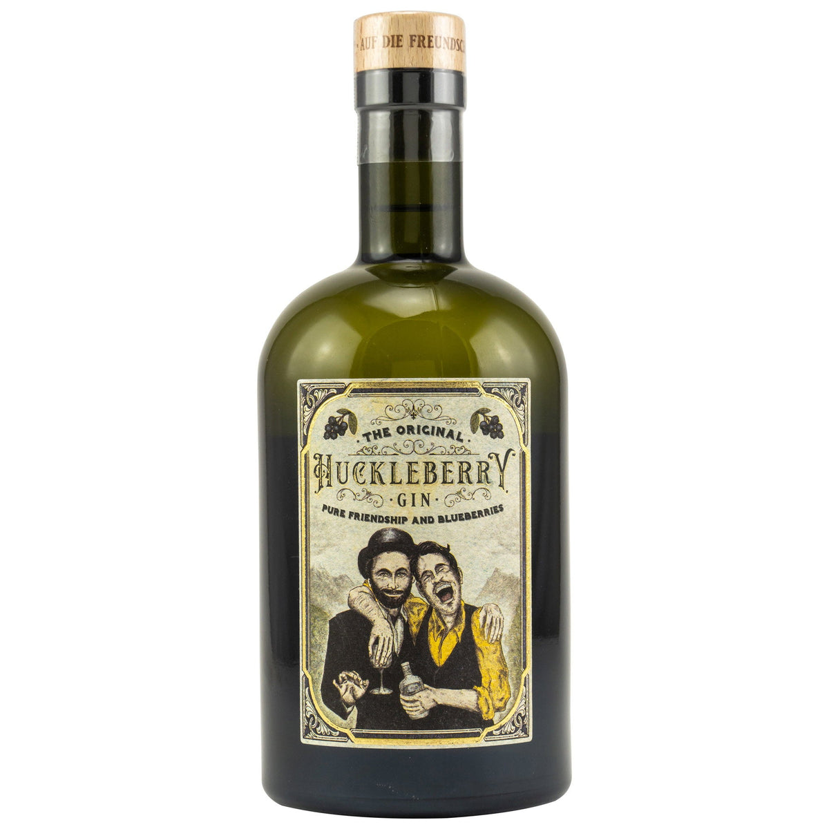 Schwarzbach Spirits Huckleberry Gin Flasche mit Heidelbeer-Illustration auf dem Etikett vor weißem Hintergrund