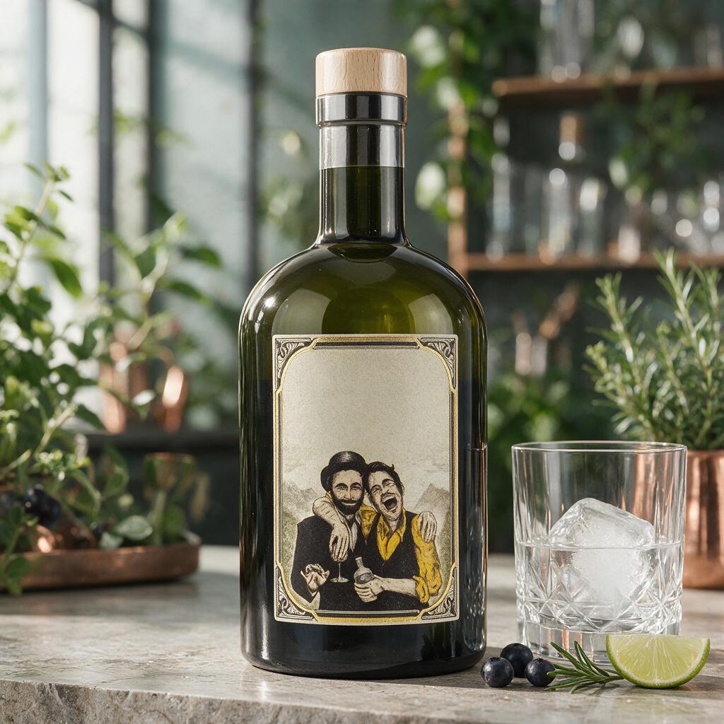 Schwarzbach Spirits Huckleberry Gin Flasche mit illustriertem Etikett, daneben ein Glas mit Eis und Heidelbeeren.