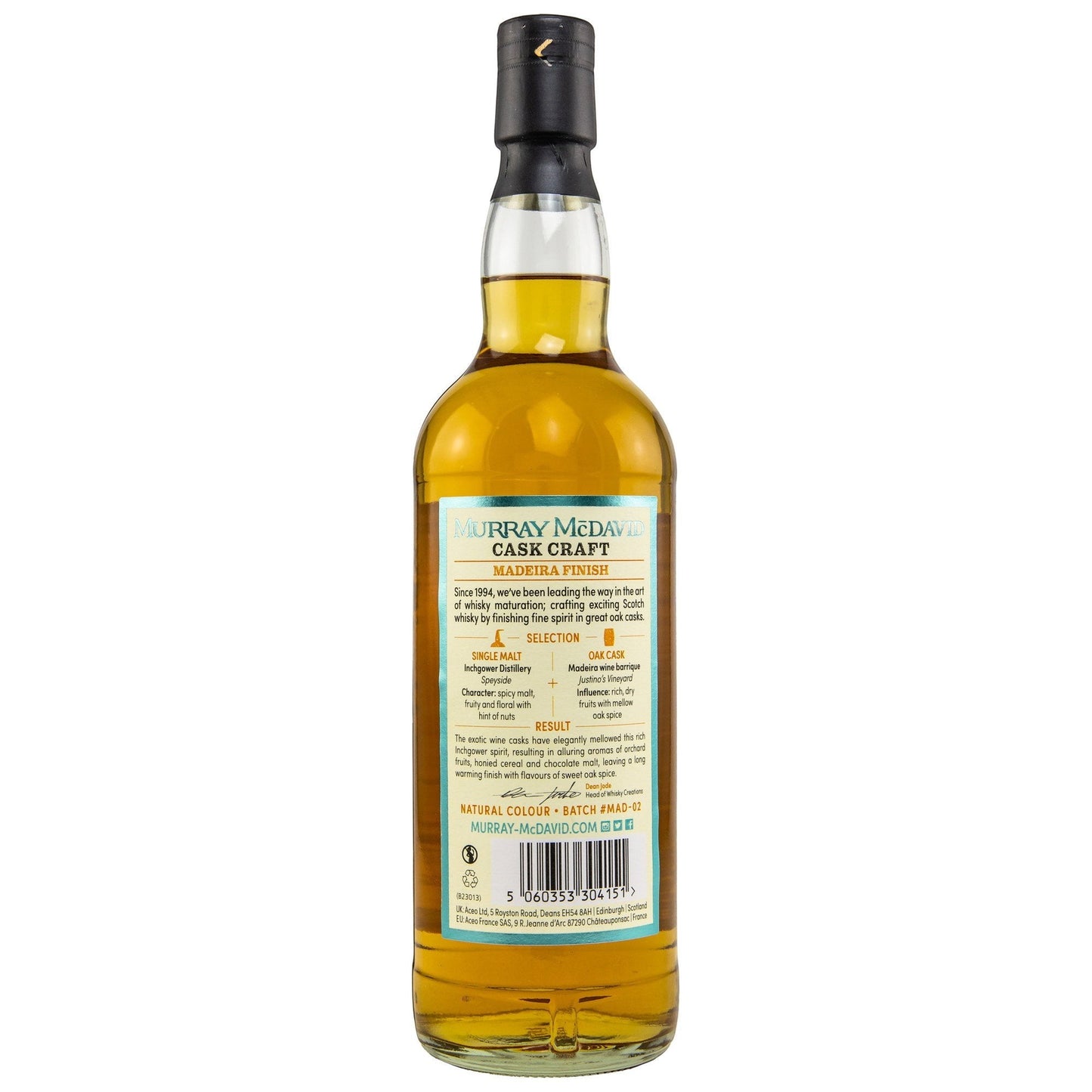 Rückseite der Flasche Inchgower Madeira Cask Finish von Murray McDavid bei Schwarzbach Spirits mit Etikettendetails.