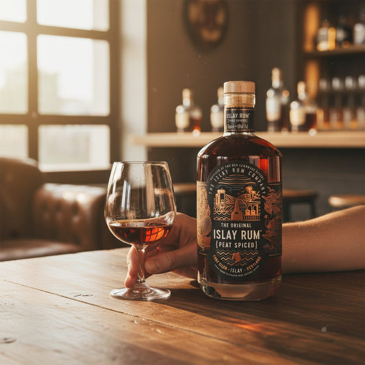 Schwarzbach Spirits Islay Rum Peat Spiced Flasche mit Glas auf Holztisch in einer Bar, dunkler bernsteinfarbener Rum.