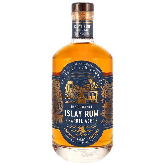 Schwarzbach Spirits Islay Rum in einer Glasflasche mit blauem Etikett, gereift in ehemaligen Islay-Whiskyfässern.