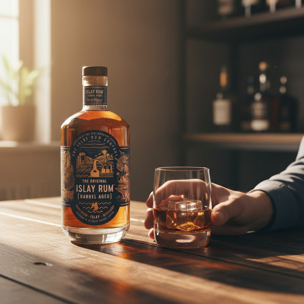 Schwarzbach Spirits Islay Rum in einer Glasflasche neben einem Glas mit Eiswürfeln auf einem Holztisch.