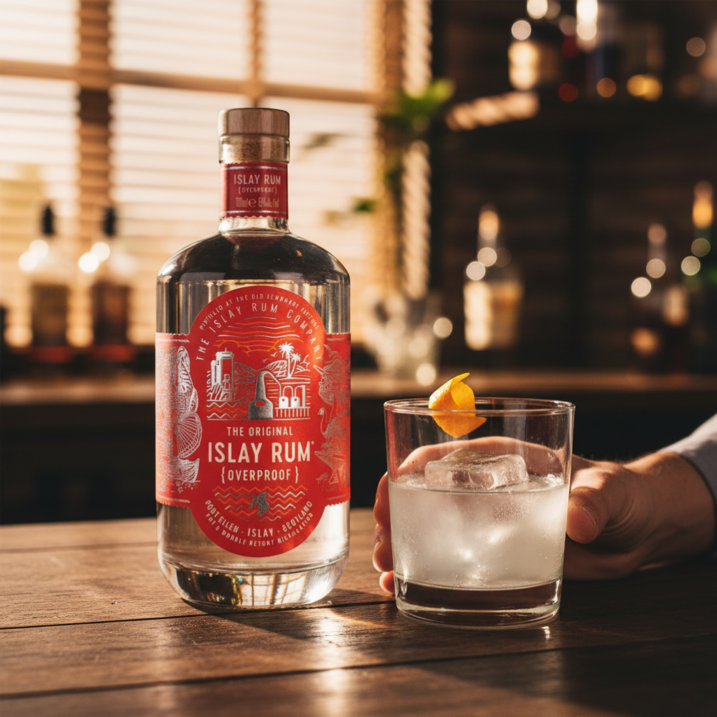 Schwarzbach Spirits Islay Rum Overproof, 63% Vol., 700ml bottle. Clear rum with a red label featuring island scenery and text.