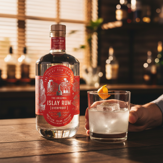 Schwarzbach Spirits Islay Rum Overproof, 63% Vol., 700ml bottle. Clear rum with a red label featuring island scenery and text.