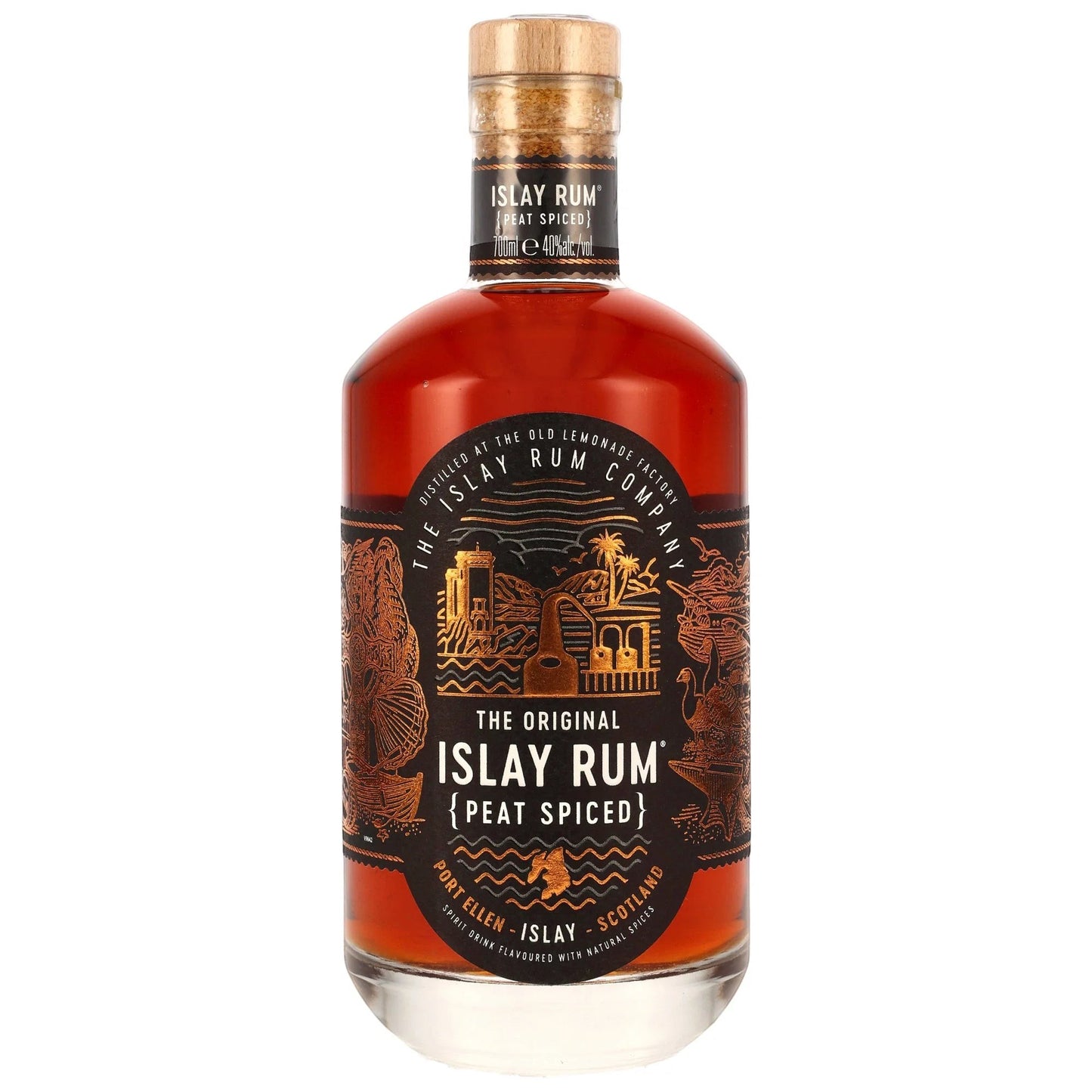 Schwarzbach Spirits Islay Rum Peat Spiced in einer eleganten Glasflasche mit detailliertem, schwarzem Etikett.
