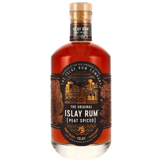 Schwarzbach Spirits Islay Rum Peat Spiced in einer eleganten Glasflasche mit detailliertem, schwarzem Etikett.
