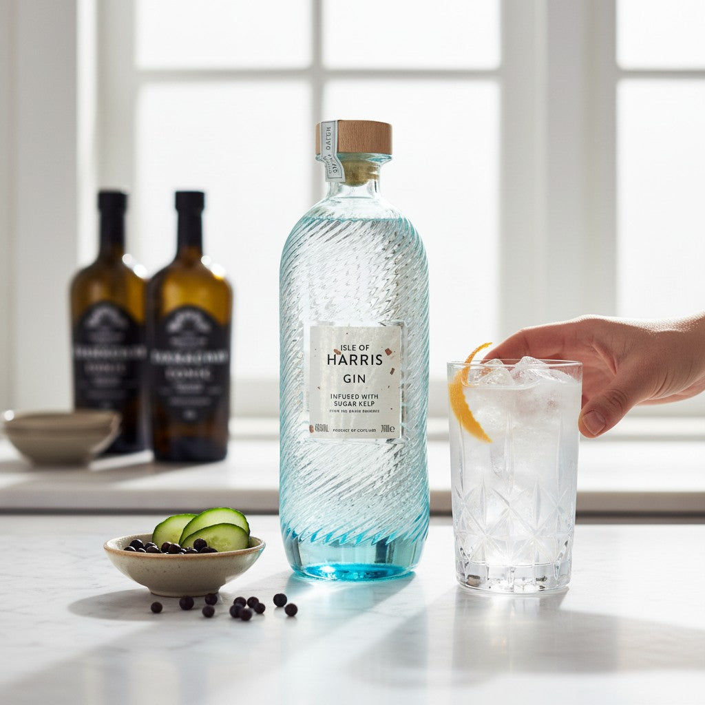Schwarzbach Spirits Isle of Harris Gin bottle, infused with sugar kelp, 45% vol, 70cl, London Dry style.