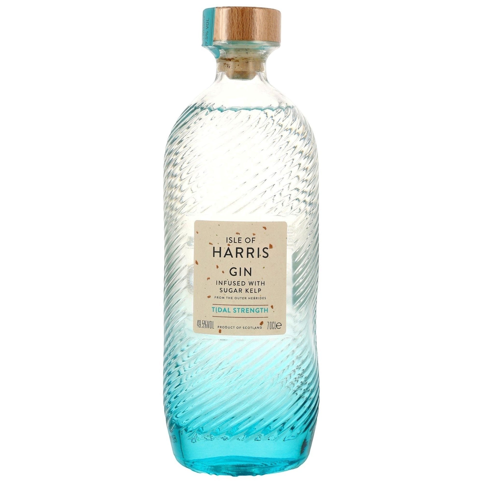 Schwarzbach Spirits Isle of Harris Tidal Strength Gin, 49,5% Vol., infused with sugar kelp, 70cl bottle with a textured glass design and a wooden cork.