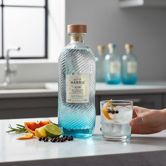 Schwarzbach Spirits Isle of Harris Tidal Strength Gin Flasche mit maritimer Note, 49,5% Vol. und Zitrusfrüchten.