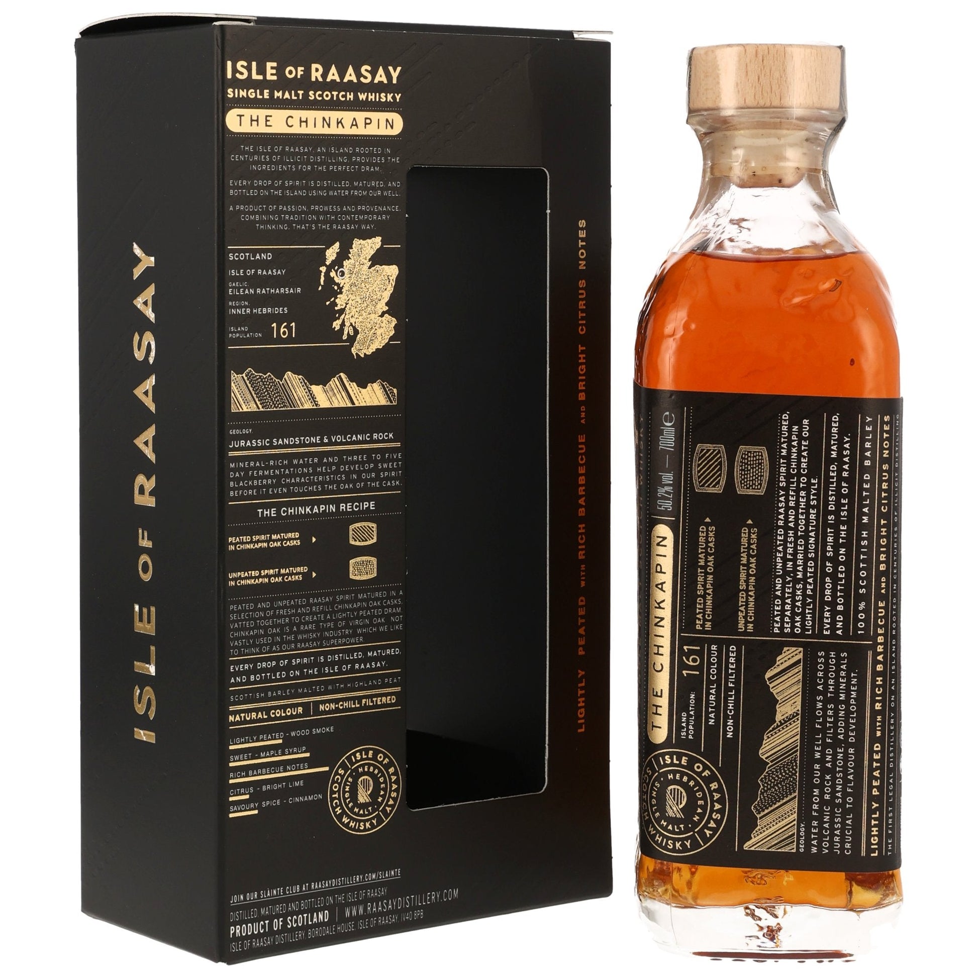 Schwarzbach Spirits Isle of Raasay The Chinkapin single malt whisky bottle and black presentation box with gold text.