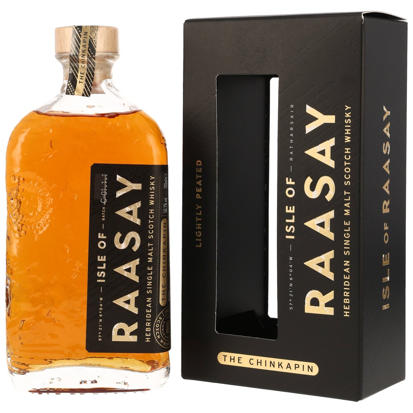 Schwarzbach Spirits Isle of Raasay Chinkapin Oak single malt whisky bottle with its black presentation box.