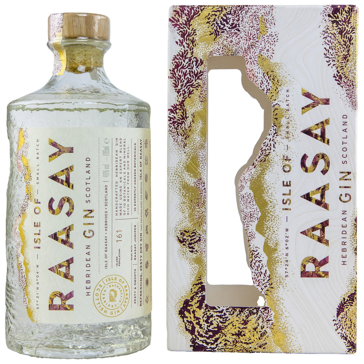 Schwarzbach Spirits Isle of Raasay Hebridean Gin Flasche mit dekorativer Geschenkverpackung und strukturiertem Glas
