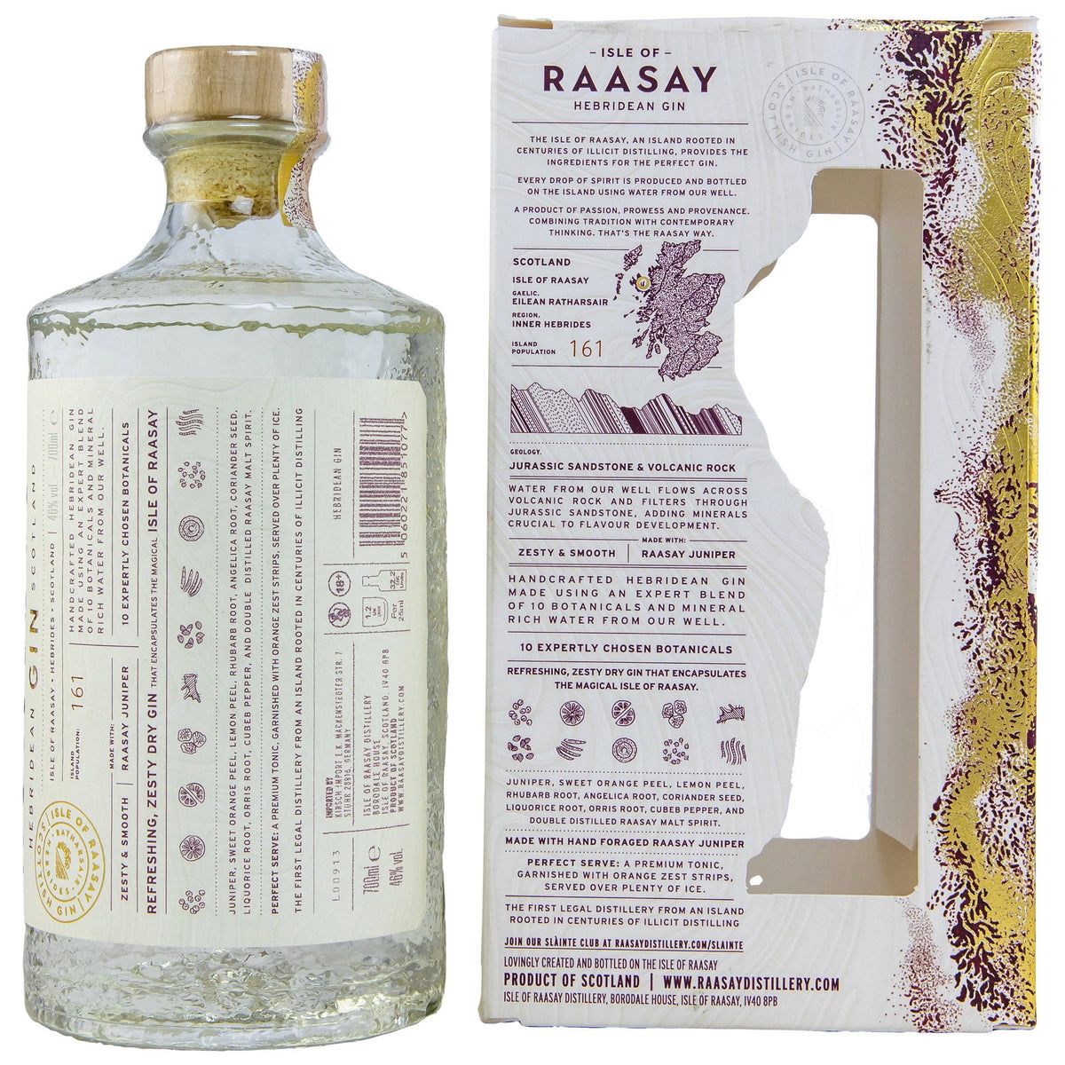 Schwarzbach Spirits Isle of Raasay Hebridean Gin Flasche mit detailliertem Etikett und passender Geschenkverpackung