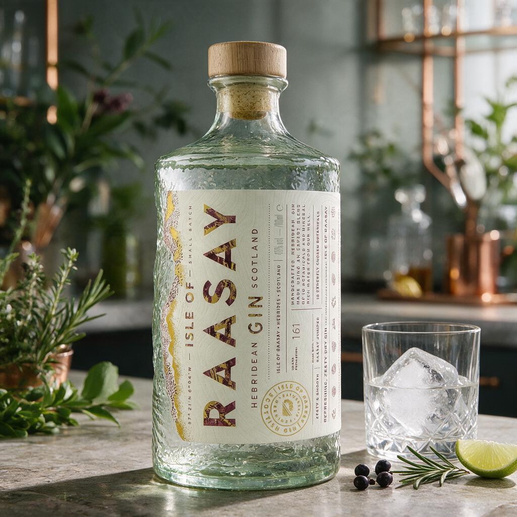 Schwarzbach Spirits Isle of Raasay Hebridean Gin Flasche mit Glas, Eiswürfeln und Limette auf einer Küchentheke.