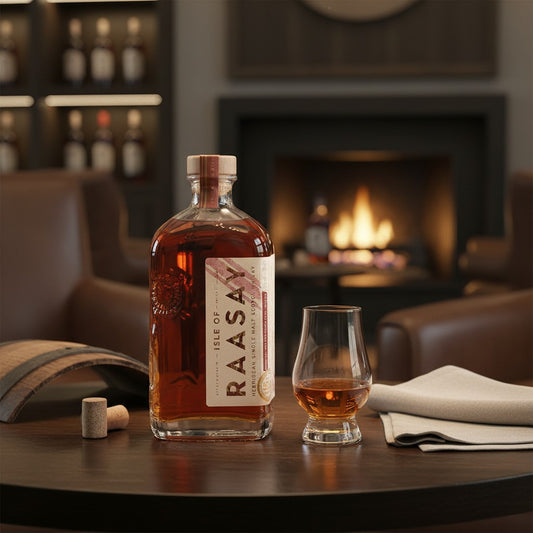 Schwarzbach Spirits Isle of Raasay 7 Year Old peated single malt whisky in a bottle and glass on a wooden table.
