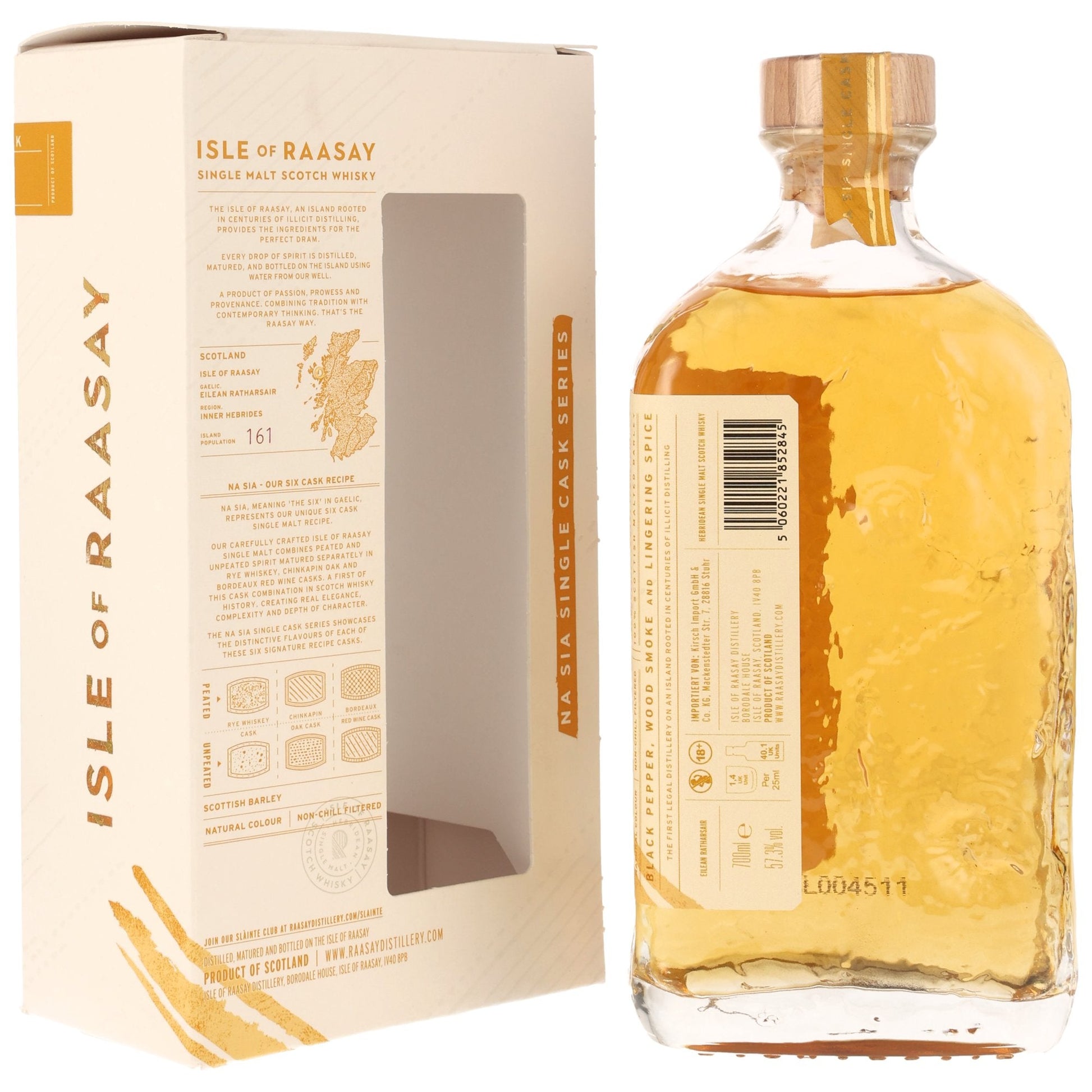 Schwarzbach Spirits Isle of Raasay 7 Year Old peated single malt whisky bottle and box with rye cask details