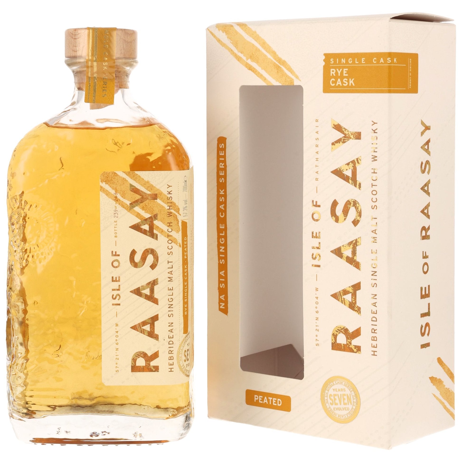 Schwarzbach Spirits Isle of Raasay 7 Year Old Peated Rye Cask single malt whisky bottle and box
