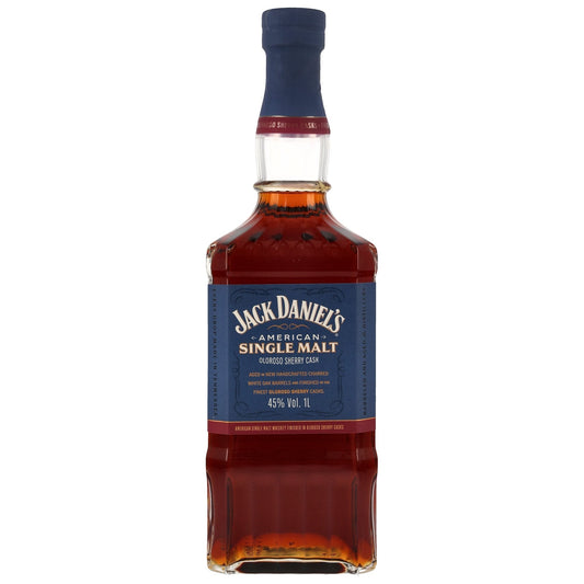 Schwarzbach Spirits Jack Daniel's American Single Malt Oloroso Sherry Cask Whiskey, 45% Vol. 1L, amber liquid in a clear glass bottle with a dark blue label and cap.