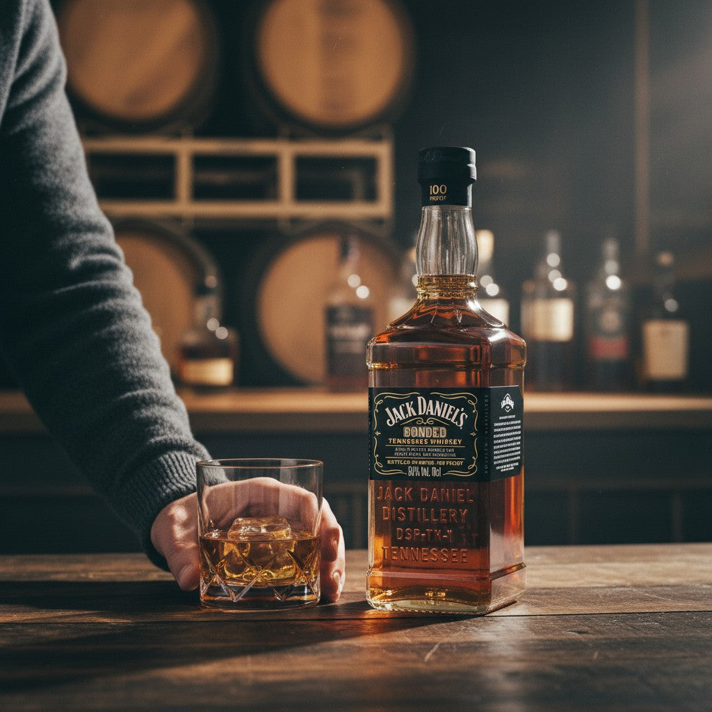 Schwarzbach Spirits Jack Daniel's Bonded Tennessee Whiskey, 50% Vol. 70cl, 100 Proof, amber liquid in a clear glass bottle with black label.