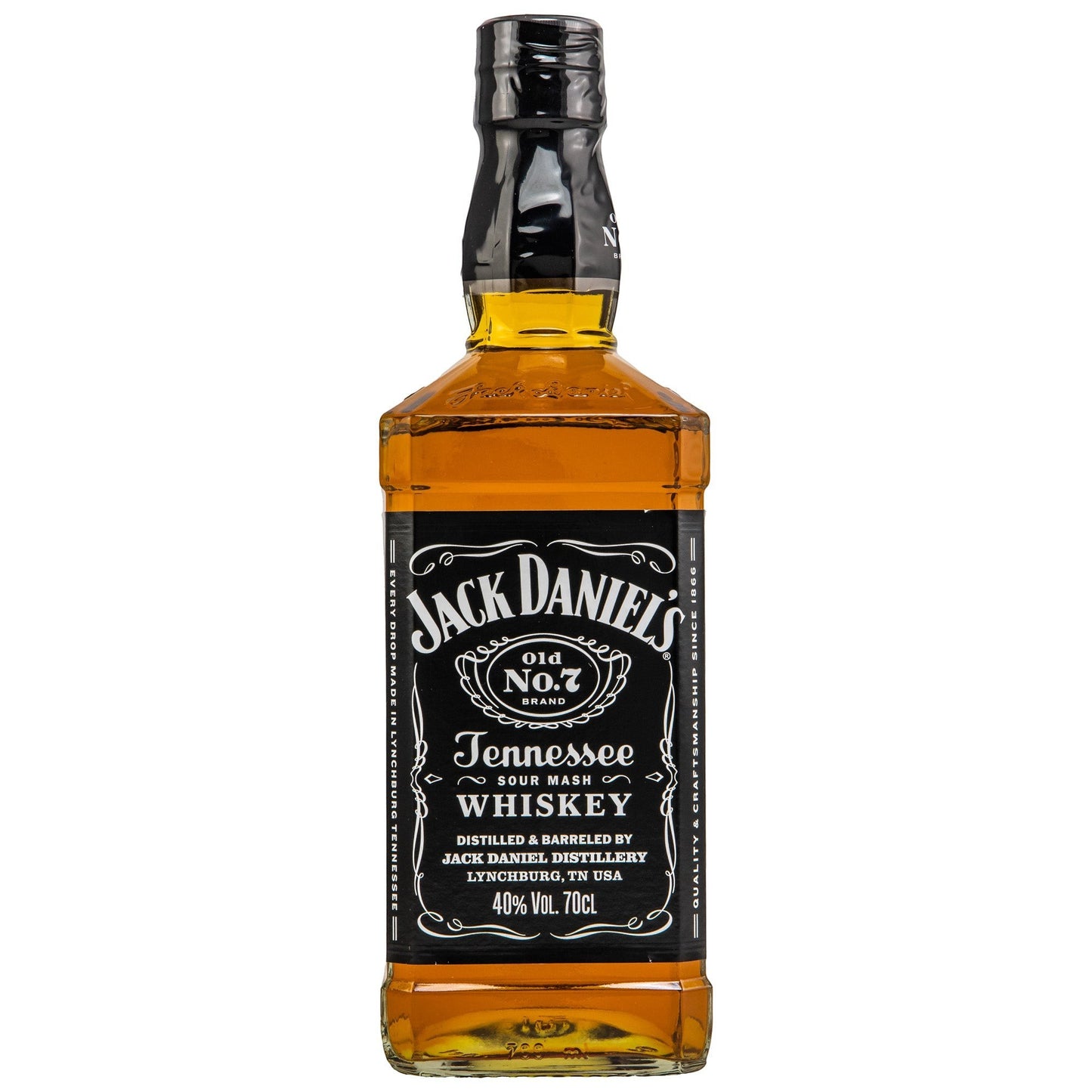 Schwarzbach Spirits Jack Daniel's Old No. 7 Tennessee Whiskey, 40% Vol., 70cl Flasche mit schwarzem Etikett und goldener Schrift.