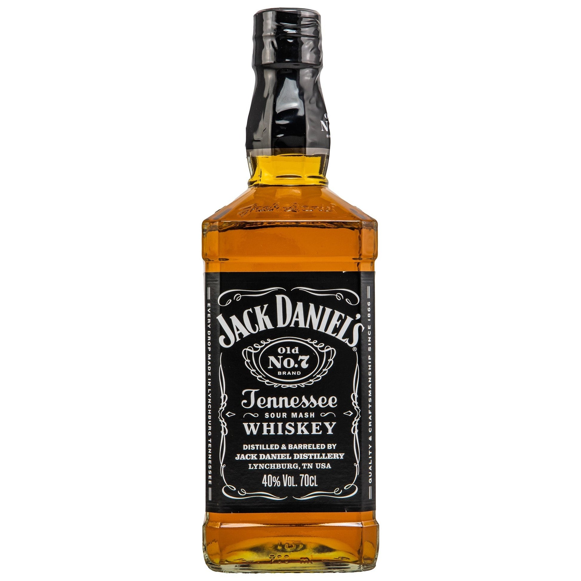 Schwarzbach Spirits Jack Daniel's Old No. 7 Tennessee Whiskey, 40% Vol., 70cl Flasche mit schwarzem Etikett und goldener Schrift.