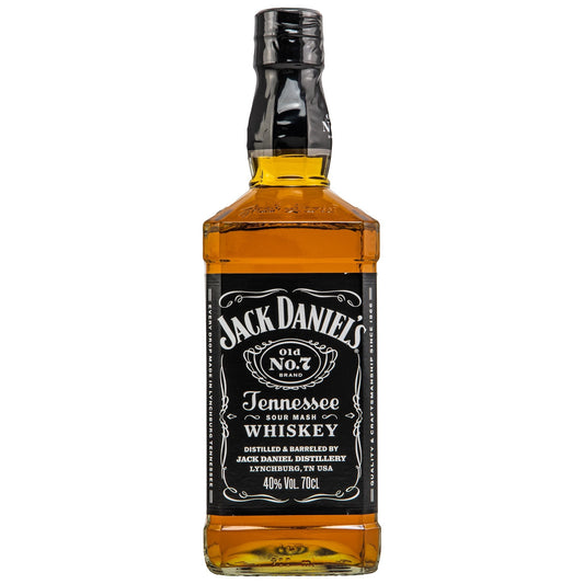 Schwarzbach Spirits Jack Daniel's Old No. 7 Tennessee Whiskey, 40% Vol., 70cl Flasche mit schwarzem Etikett und goldener Schrift.