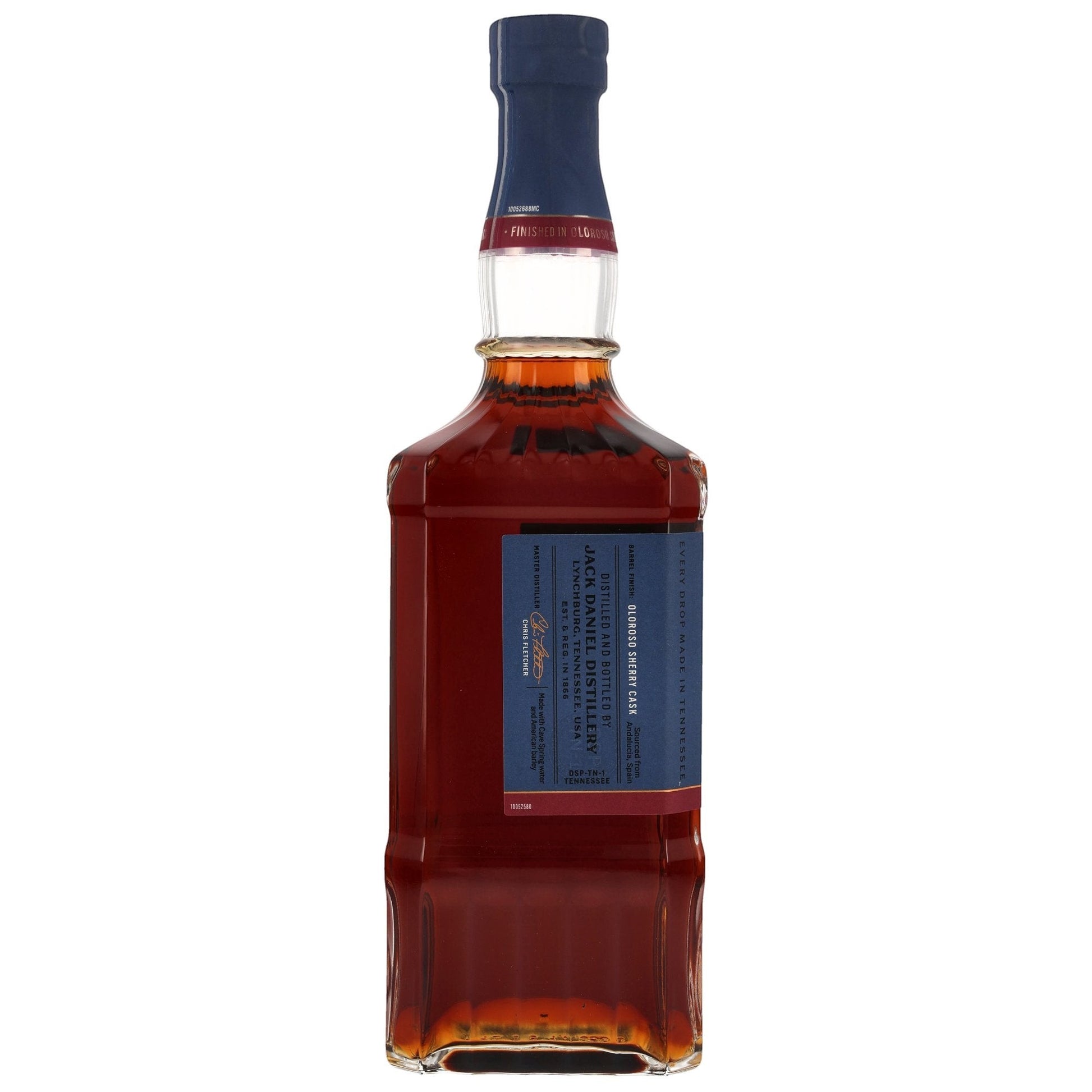 Schwarzbach Spirits Jack Daniel's American Single Malt Oloroso Sherry Cask Whiskey, 45% Vol., 0.7L. Amber liquid in a clear glass bottle with a dark blue label and cap.