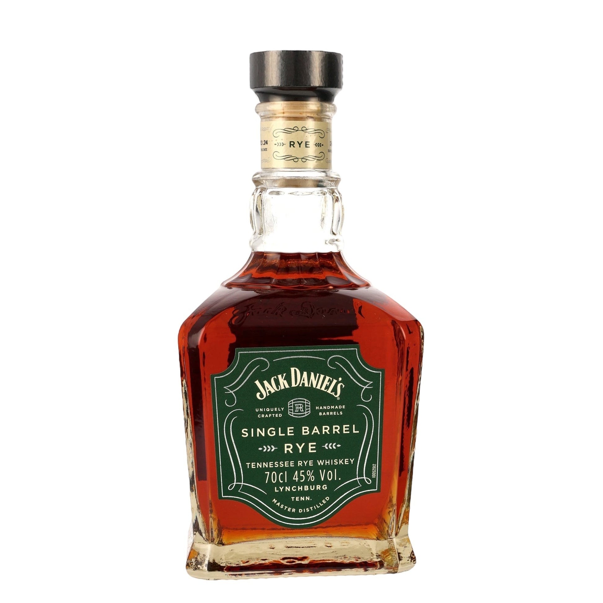 Schwarzbach Spirits Jack Daniel's Single Barrel Rye 2024 Tennessee Rye Whiskey, 70cl, 45% Vol., amberfarbene Flüssigkeit in charakteristischer Flasche mit grünem Etikett.