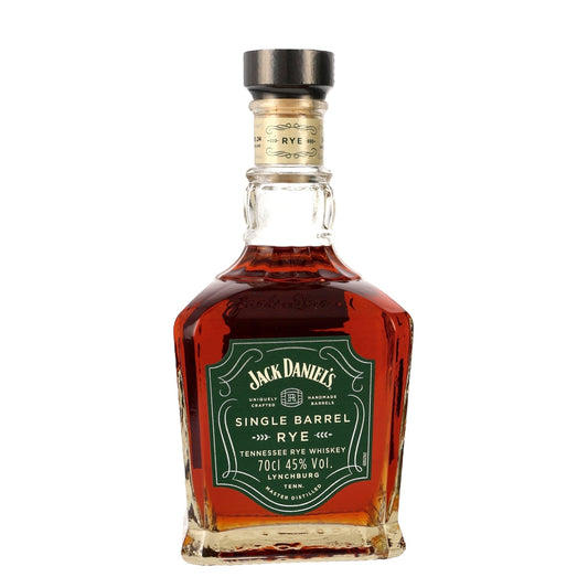 Schwarzbach Spirits Jack Daniel's Single Barrel Rye 2024 Tennessee Rye Whiskey, 70cl, 45% Vol., amberfarbene Flüssigkeit in charakteristischer Flasche mit grünem Etikett.