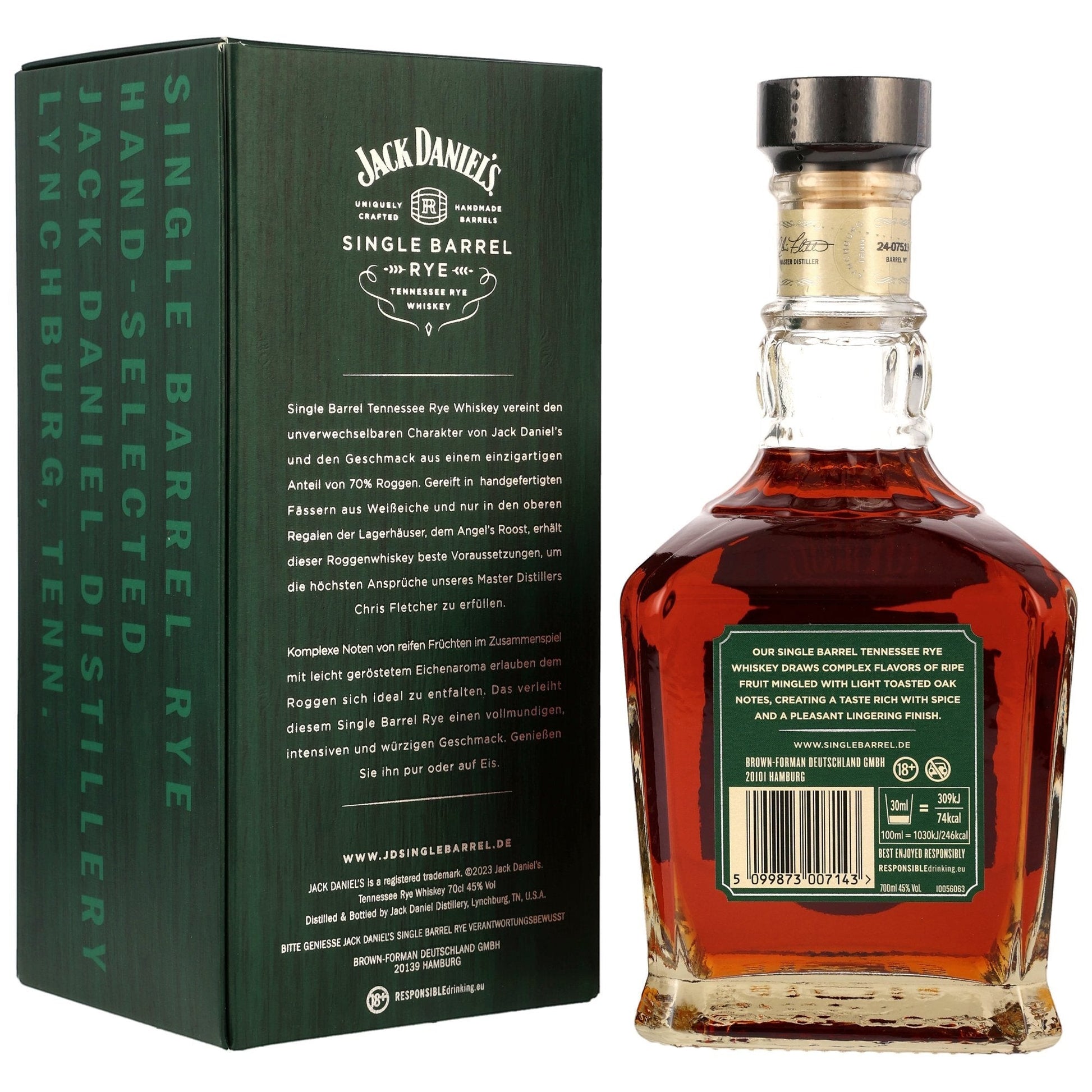Schwarzbach Spirits Jack Daniel's Single Barrel Rye 2024 Tennessee Whiskey in Glasflasche mit grüner Geschenkbox. 45% Vol.