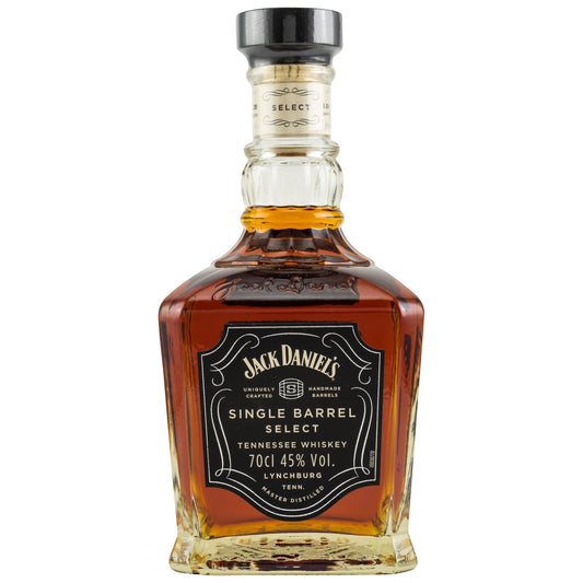 Schwarzbach Spirits Jack Daniel's Single Barrel Select Tennessee Whiskey 70cl 45% Vol. in Glasflasche mit schwarzem Etikett.