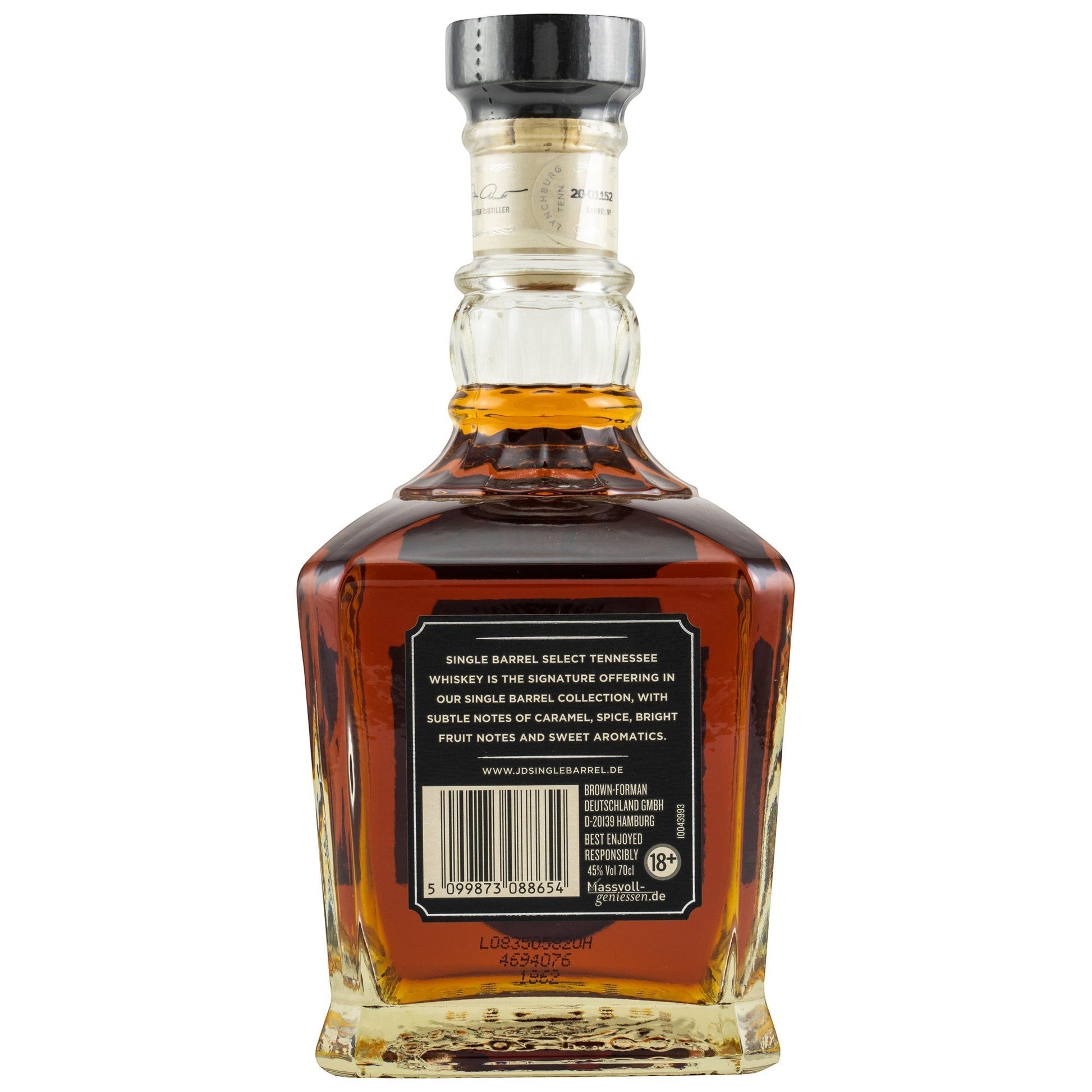 Schwarzbach Spirits Jack Daniel's Single Barrel Select Tennessee Whiskey, 45% Vol., 0.7L. Amber liquid in a clear glass bottle with a black cap.