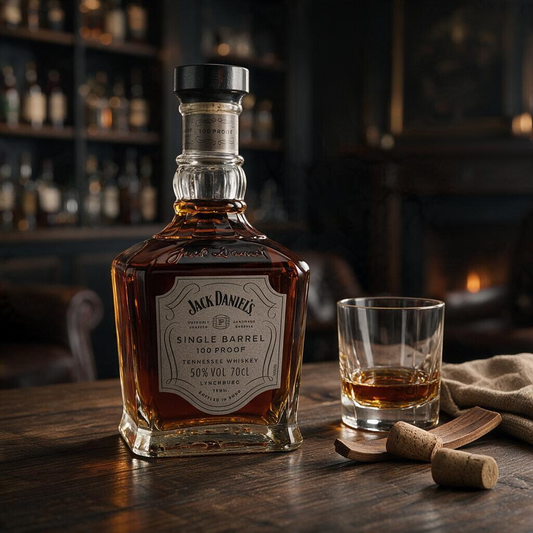 Schwarzbach Spirits Jack Daniel's Single Barrel 100 Proof Whiskey Flasche mit Glas auf einem Holztisch